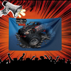 A banner featuring a black Polaris motorcycle on a blue background with an audience cheering below.
