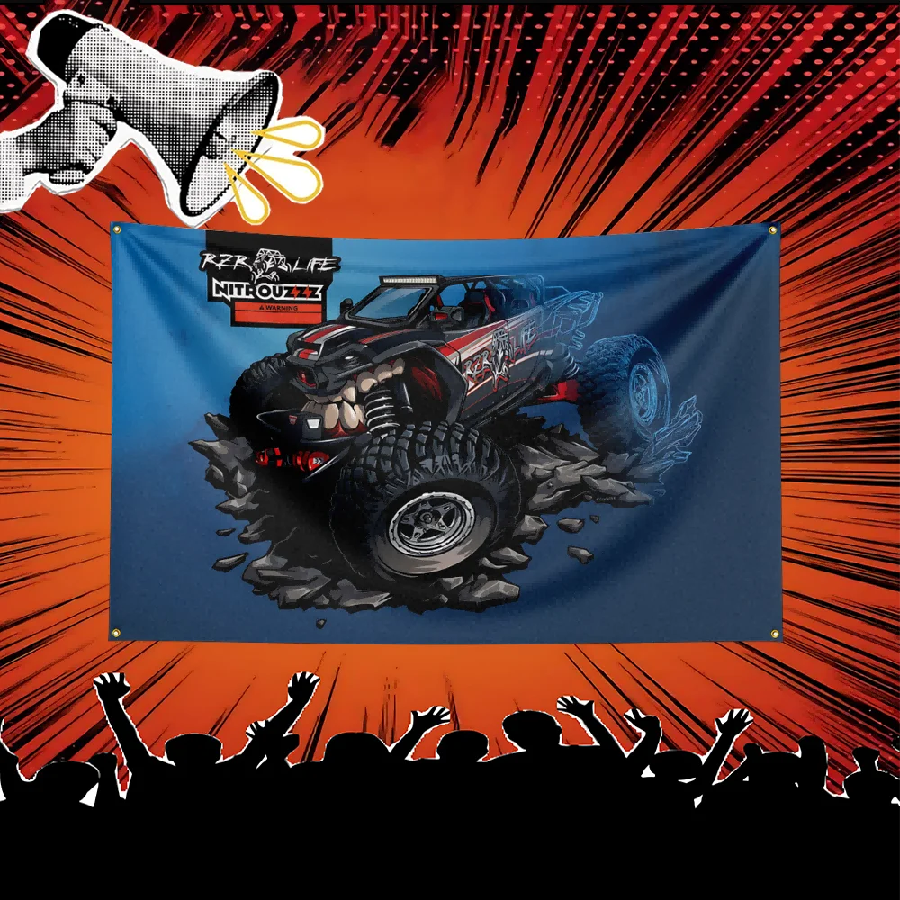 A banner featuring a black Polaris motorcycle on a blue background with an audience cheering below.