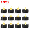 Twelve black LED candles with a warm white glow displayed in a row.