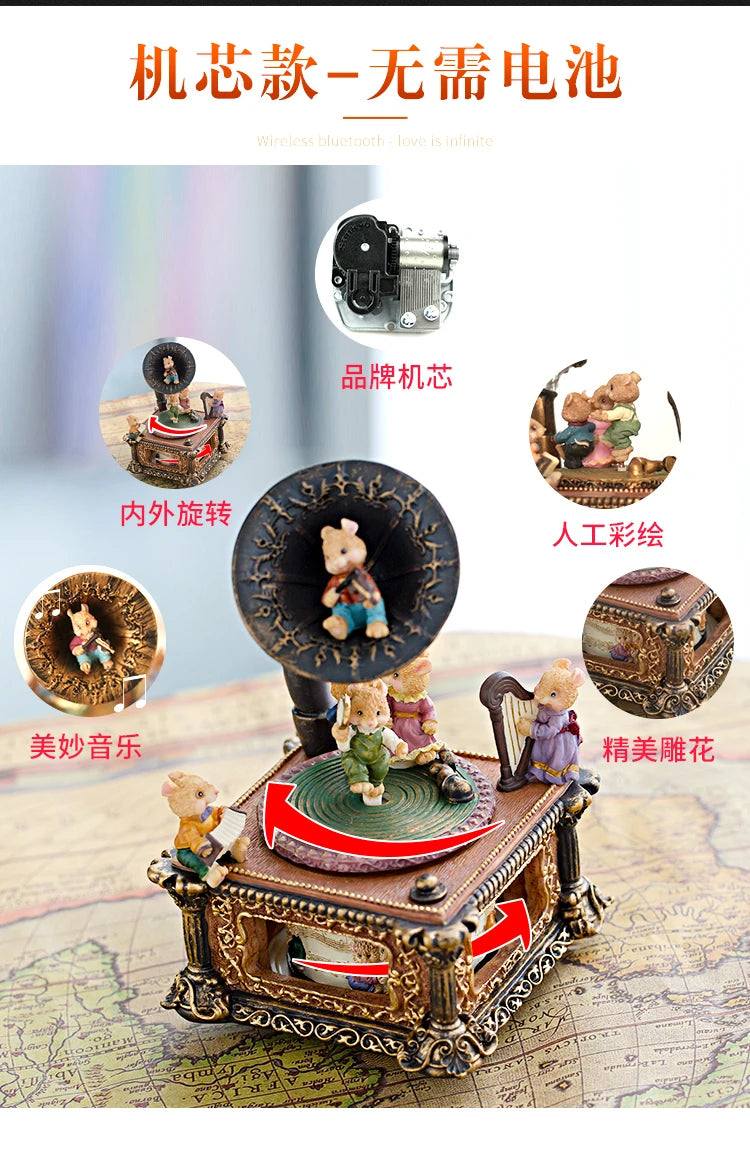 A detailed brass music box decoration featuring a carousel theme with figurines and intricate detailing.