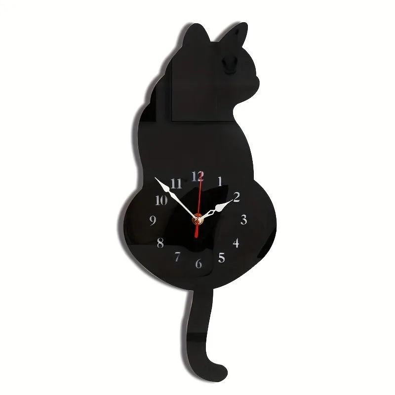 A black cat shaped pendulum wall clock with a moving tail.