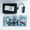 A kit containing various LED lighting components and a control box for building sets.