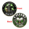 A commemorative coin featuring a skull whispering beer on the front and a cheers design with beer mugs on the back.