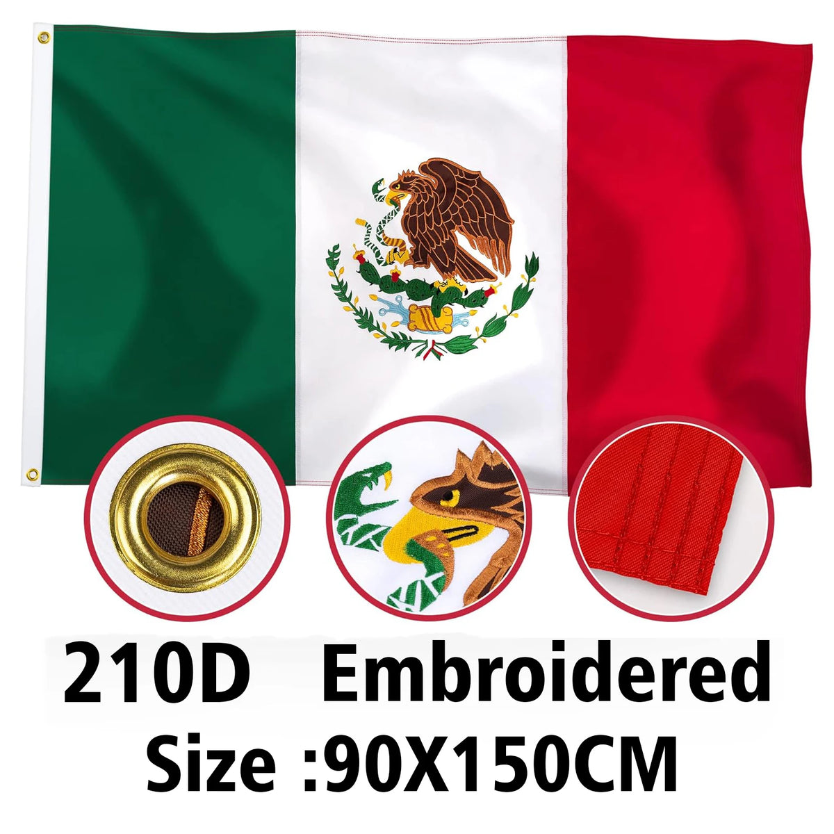 Embroidered Mexico flag tapestry banner in green white and red colors