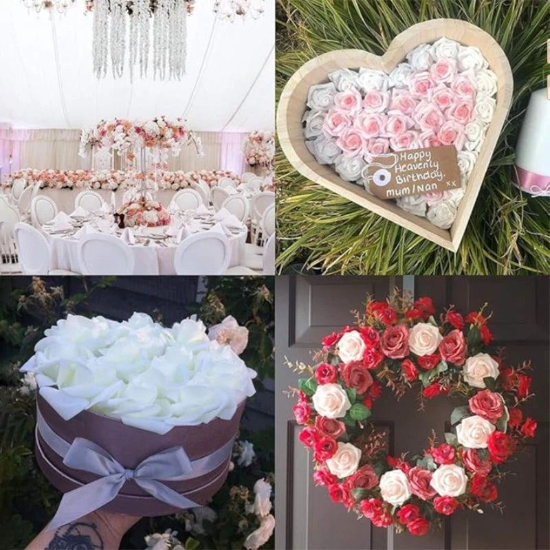 A heart-shaped wreath made of artificial foam roses in shades of pink and white