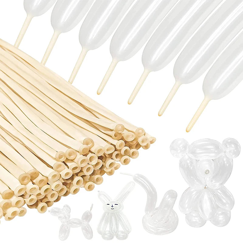 A collection of white twisting balloons and balloon sticks for party decor and DIY modeling.