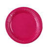 A solid magenta disposable plate with a ruffled edge.