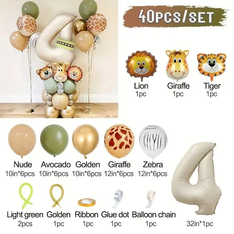 Jungle animal balloon set featuring a large number 4 and various animal shapes like lion giraffe and tiger