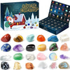 A box of an Advent calendar featuring various natural crystal gemstones and minerals.