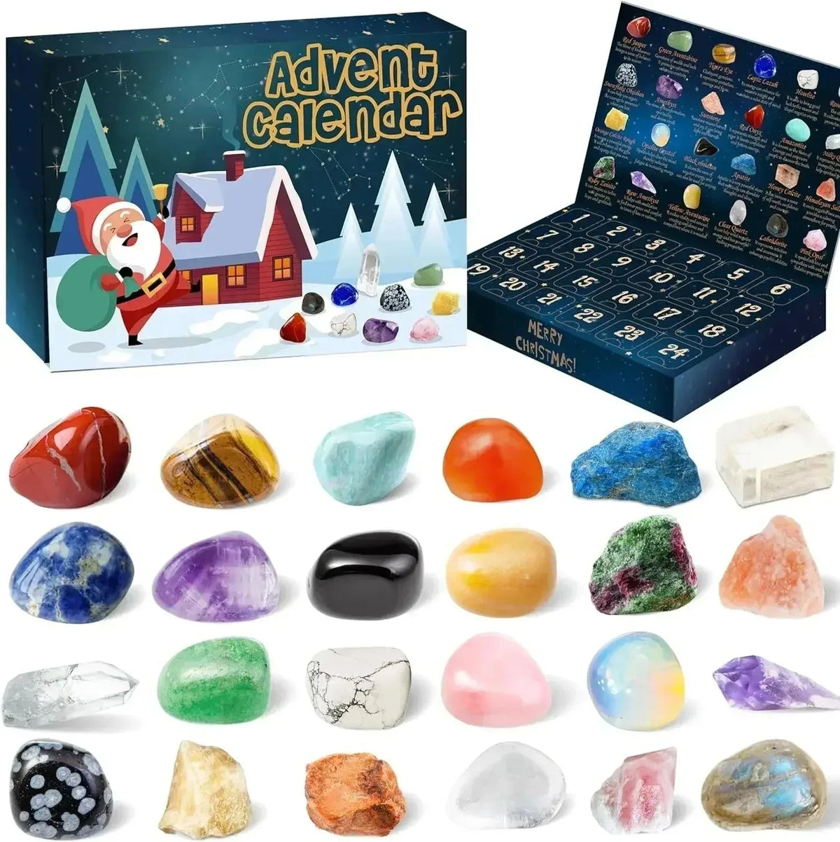 A box of an Advent calendar featuring various natural crystal gemstones and minerals.
