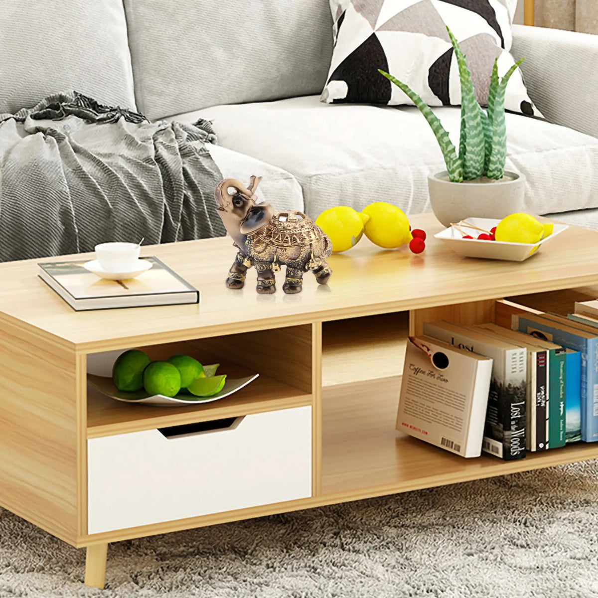 A wooden shelf displaying a golden elephant statue, yellow lemons, and potted cactus on a living room sofa.