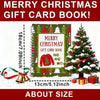 A festive gift card book with a green cover featuring Christmas designs and a decorated Christmas tree.