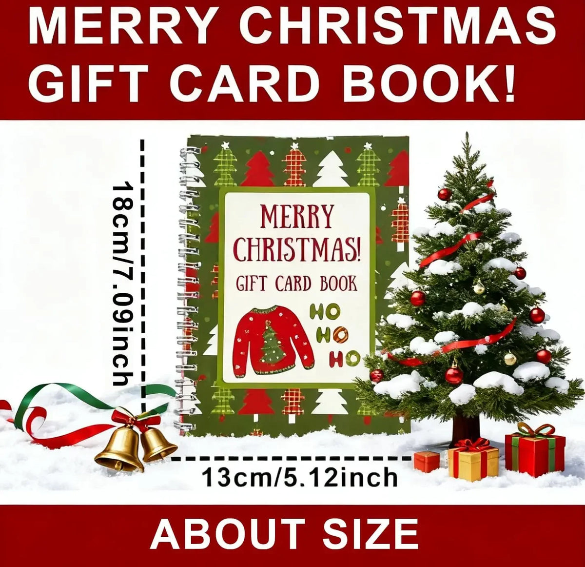 A festive gift card book with a green cover featuring Christmas designs and a decorated Christmas tree.
