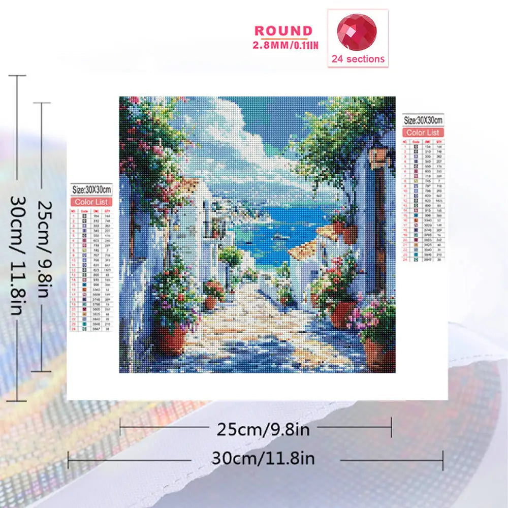 Diamond painting kit featuring a scenic seaside view with buildings, trees, and blue water.