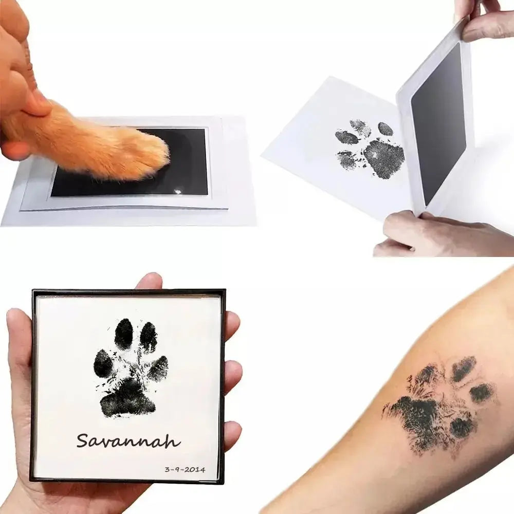 A hand holds an inkless pet paw print keepsake kit showing a paw print on white paper and a tattoo on skin.