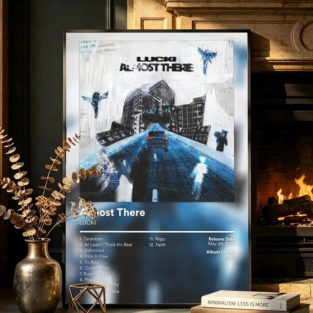 A poster featuring a dark cityscape silhouette and text promoting the LUCKI album.