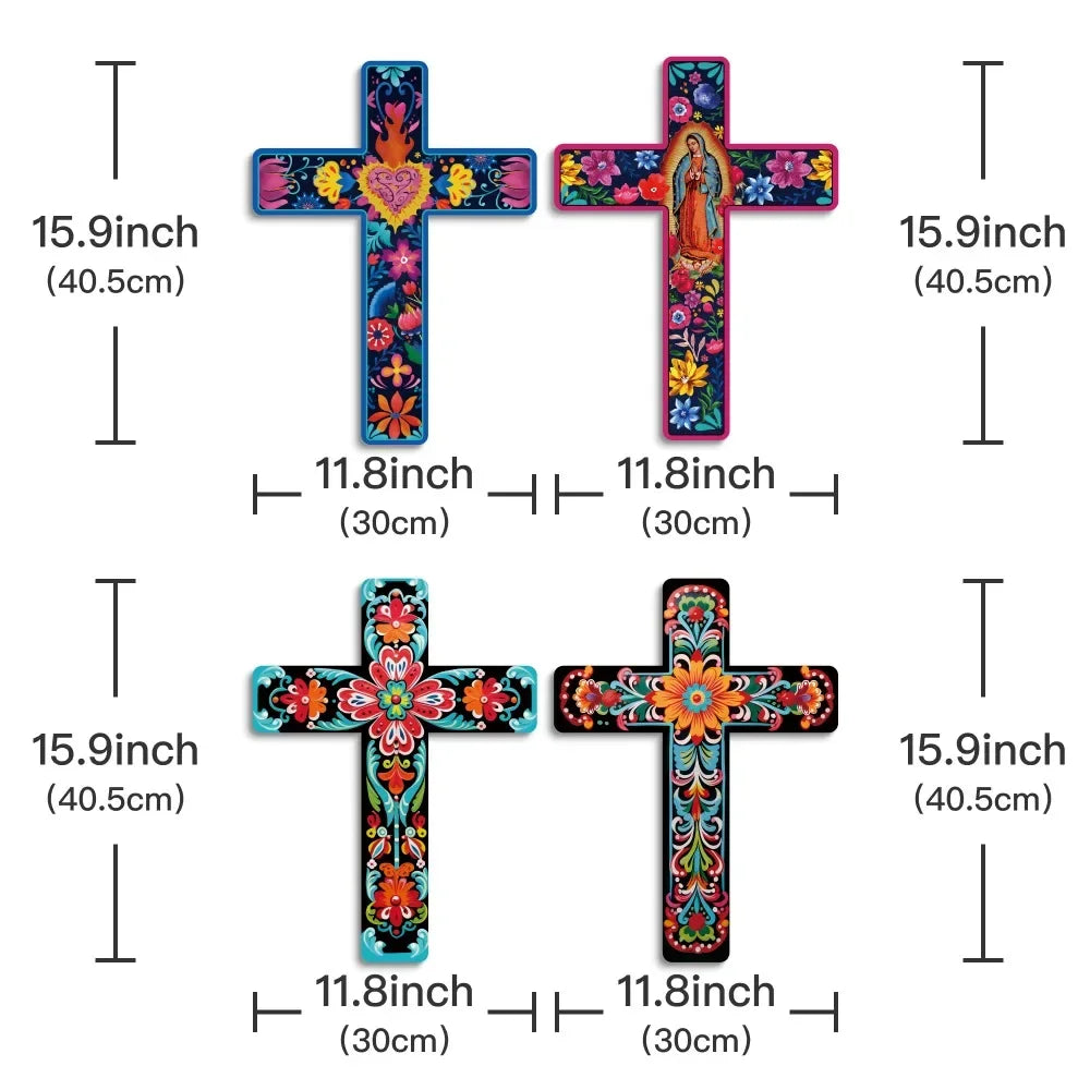 Two wooden cross wall art pieces featuring vibrant floral and religious designs in pink, orange, and blue.