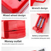Red money shooter toy with wrench design, battery compartment, and money outlet for parties