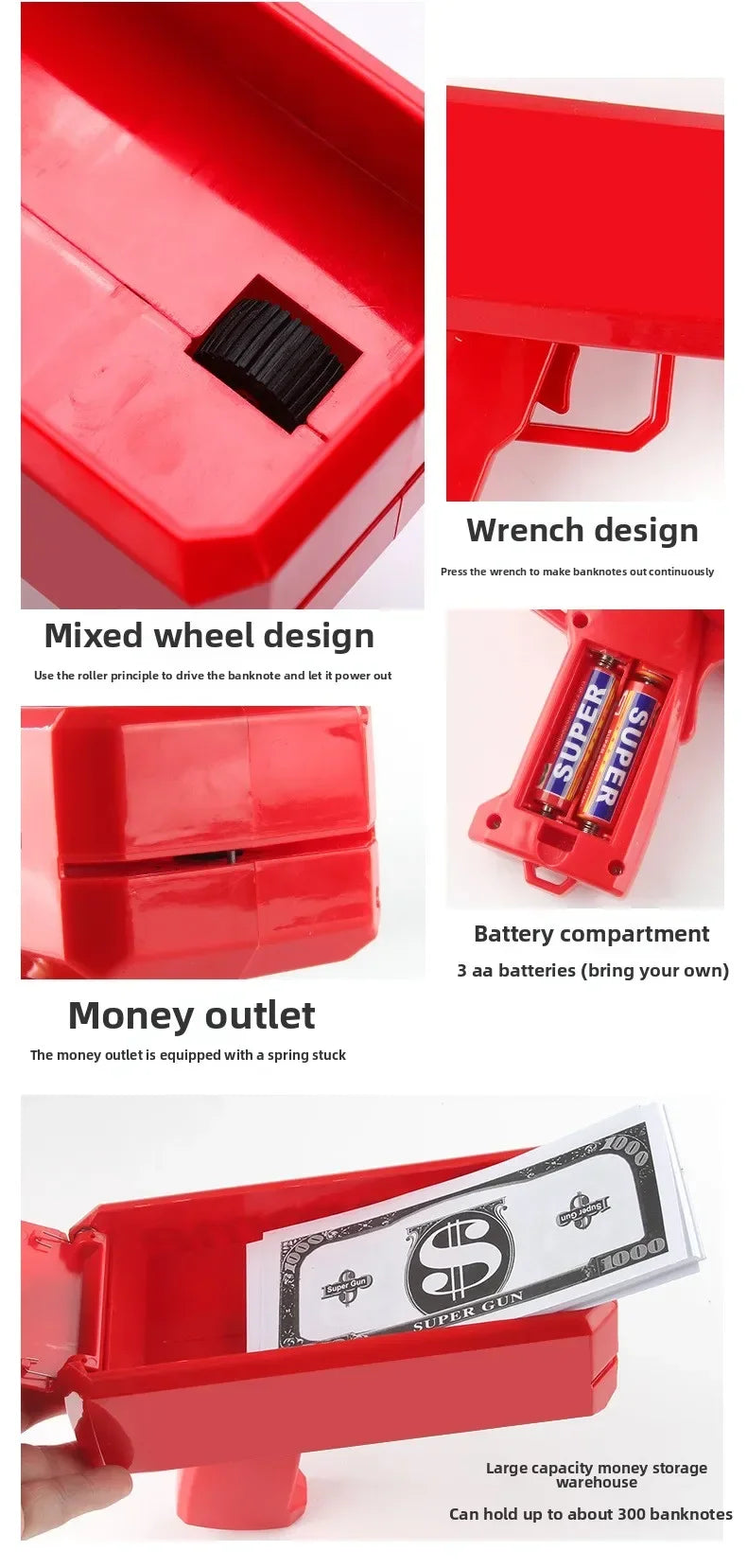 Red money shooter toy with wrench design, battery compartment, and money outlet for parties