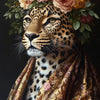 A portrait of a leopard head adorned with a floral wreath and draped in richly textured fabric.
