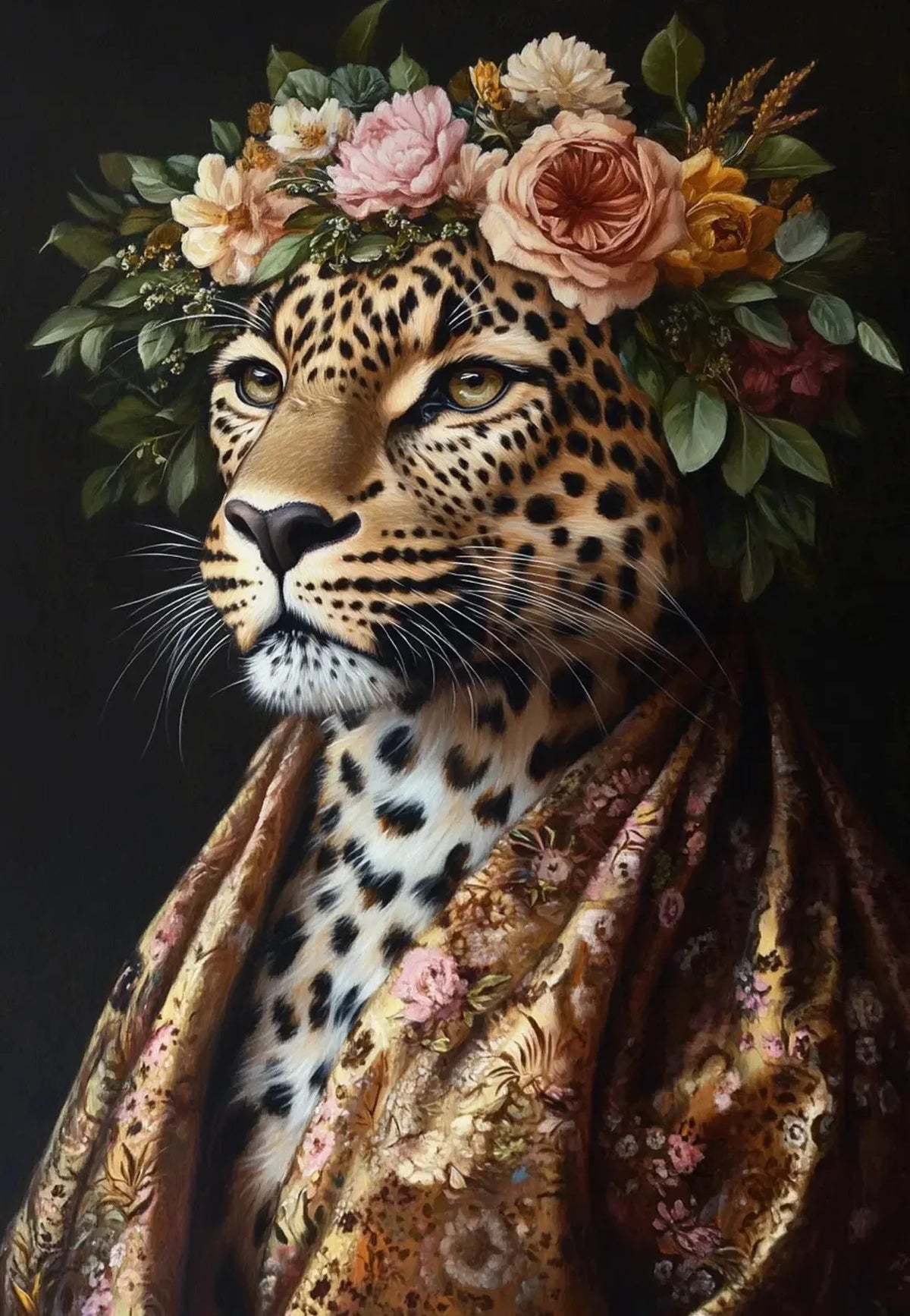 A portrait of a leopard head adorned with a floral wreath and draped in richly textured fabric.