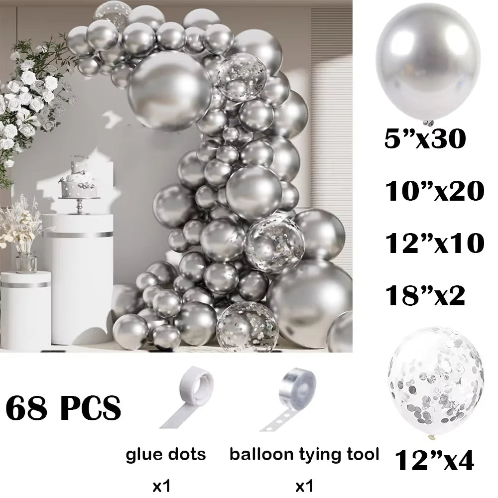 Metallic silver balloon garland arch kit featuring balloons and confetti accents with glue dots and tying tools