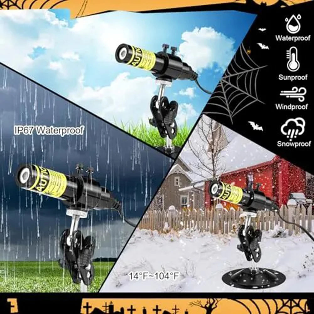 A Halloween laser projector with a 360° adjustable mount is shown in various weather conditions.