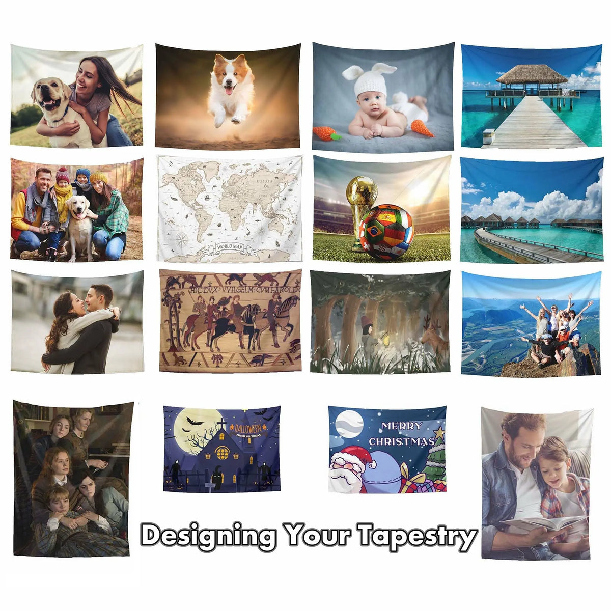 A collection of various tapestry designs including pets, landscapes, holiday themes, and portraits.