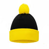 A black knitted beanie with a yellow pom-pom and a matching yellow cuff.