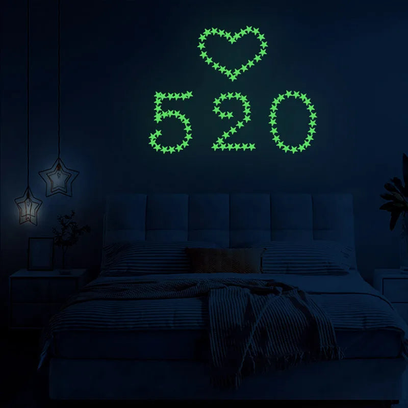 A glowing green heart and the numbers 520 are displayed on a dark wall above a bed.