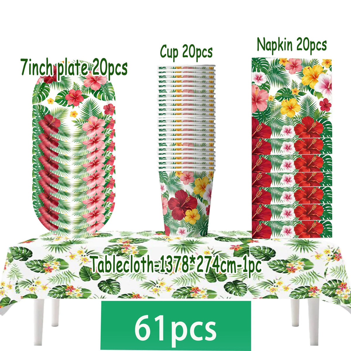 A set of tropical hibiscus tableware including 7 inch plates, cups, and napkins displayed on a tablecloth.