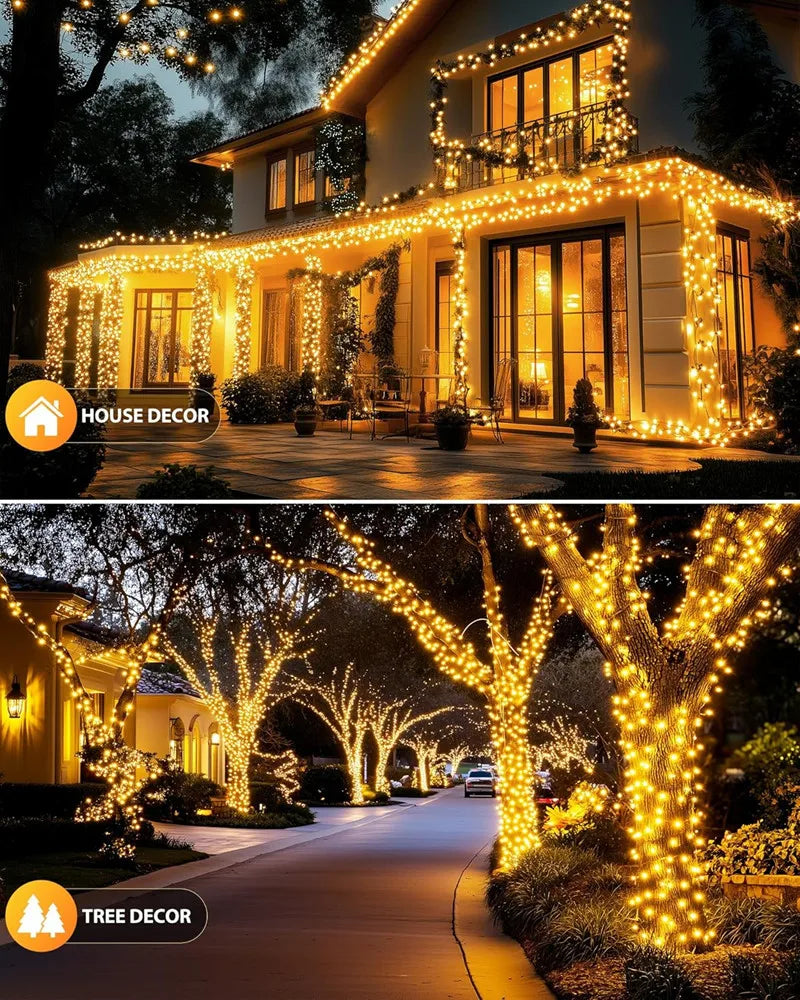 House and tree decorated with warm fairy string lights illuminating the exterior.
