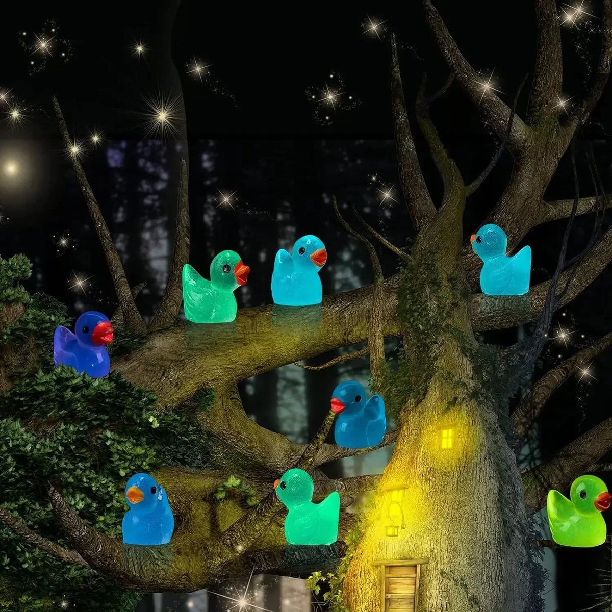 A collection of luminous mini duck figurines in various shades of blue and green are displayed on a tree branch in a dark, ma