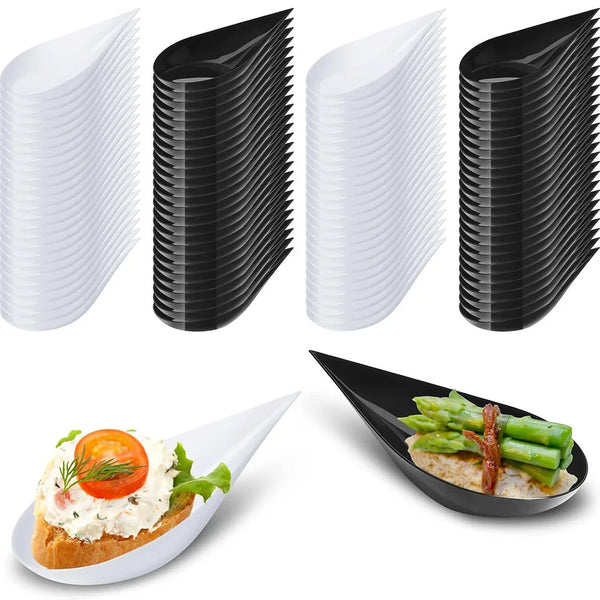 A set of black and white reusable mini appetizer plates and tasting cups shown in various angles.