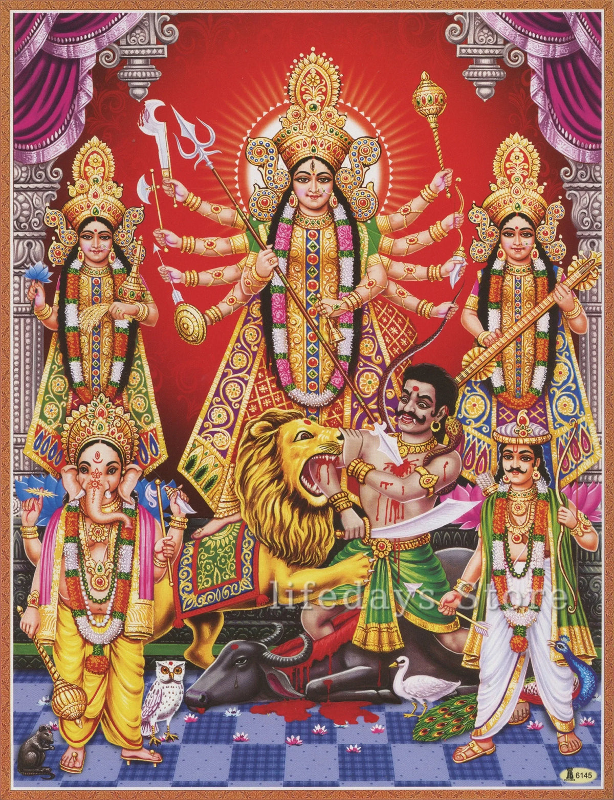 Durga Goddess Vintage Canvas Wall Art – Hindu Deity Print for Living Room & Home Decor