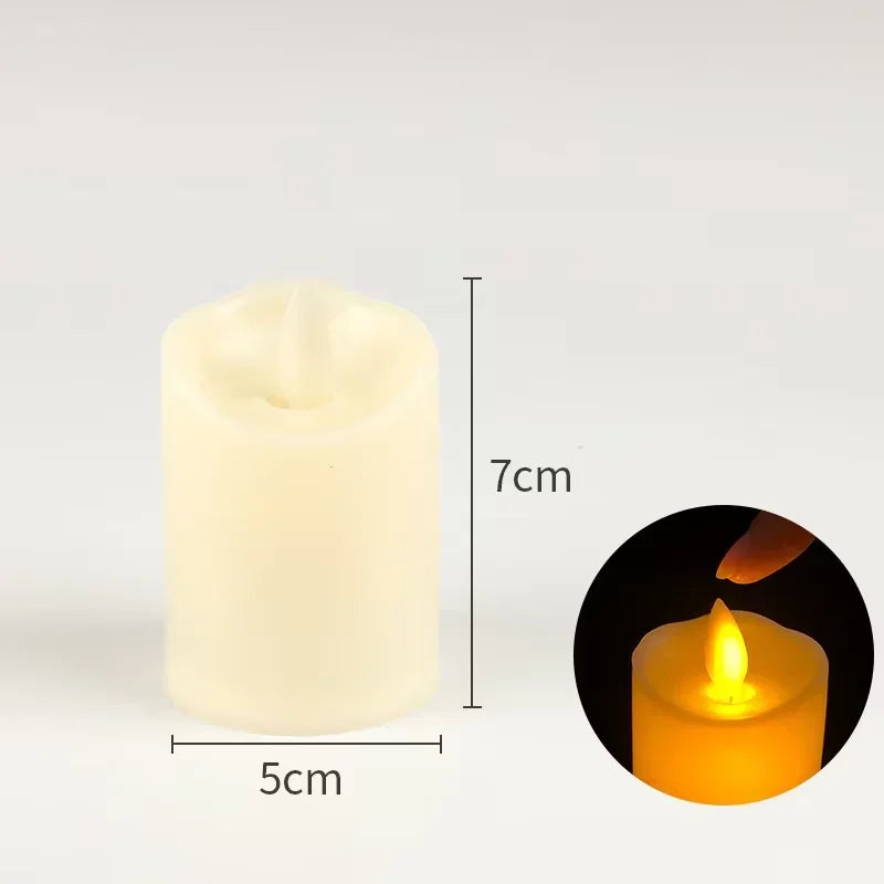 A white pillar candle with a visible wick and a smaller flame illustration.