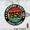 Vintage metal wall sign with the text AWESOME SINCE 1958 Limited Edition and Side View arrow on a white textured wall.