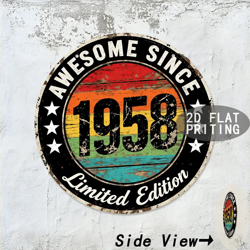 Vintage metal wall sign with the text AWESOME SINCE 1958 Limited Edition and Side View arrow on a white textured wall.