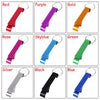 A set of twelve aluminum bottle opener keychains in various colors including red, purple, gold, green, blue, silver, black, a