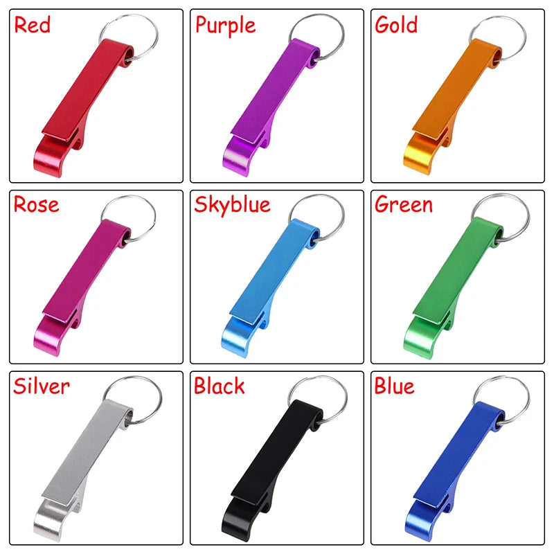 A set of twelve aluminum bottle opener keychains in various colors including red, purple, gold, green, blue, silver, black, a