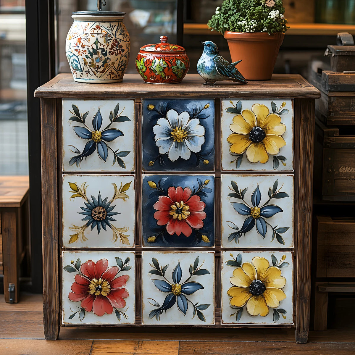 A wooden cabinet displaying a set of floral wall decals featuring various colors and designs.