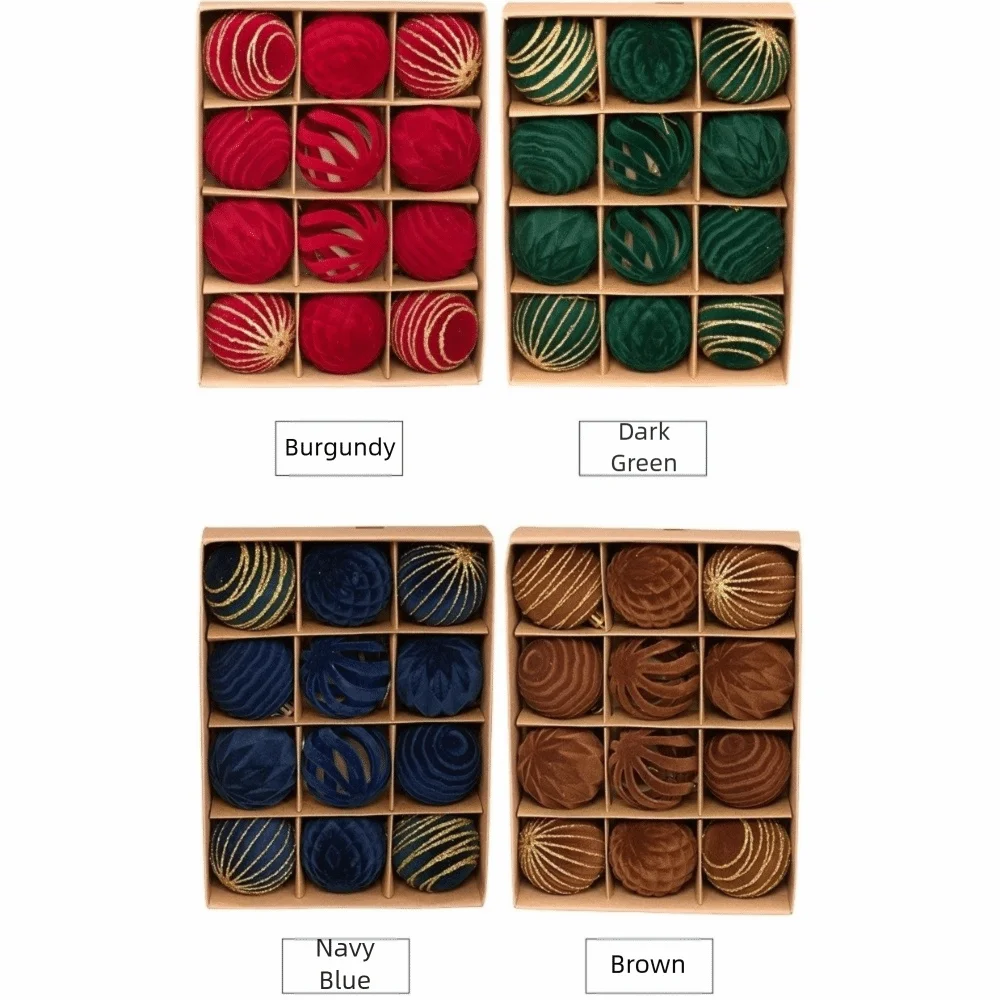 A set of twelve velvet Christmas hanging ornaments in shades of burgundy, dark green, navy blue, and brown.