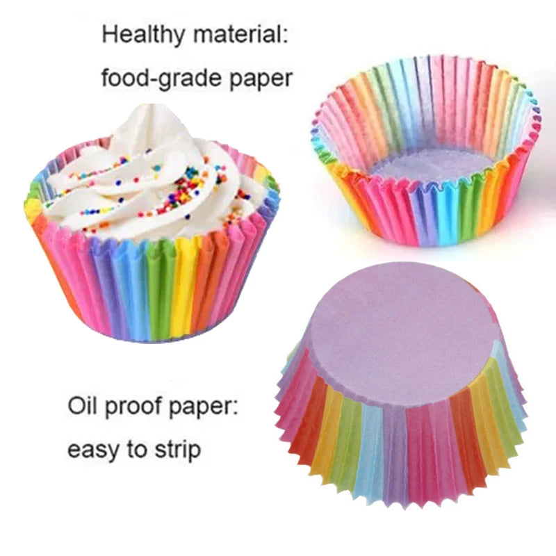 A set of colorful, rainbow-striped oil-proof paper cupcake liners are shown next to a frosted cupcake.
