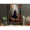 Canvas wall art depicting a dark witch in a wide-brimmed hat walking through an autumn forest.