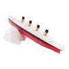 A red and white split Titanic bath and pool toy with brass cannons on top.