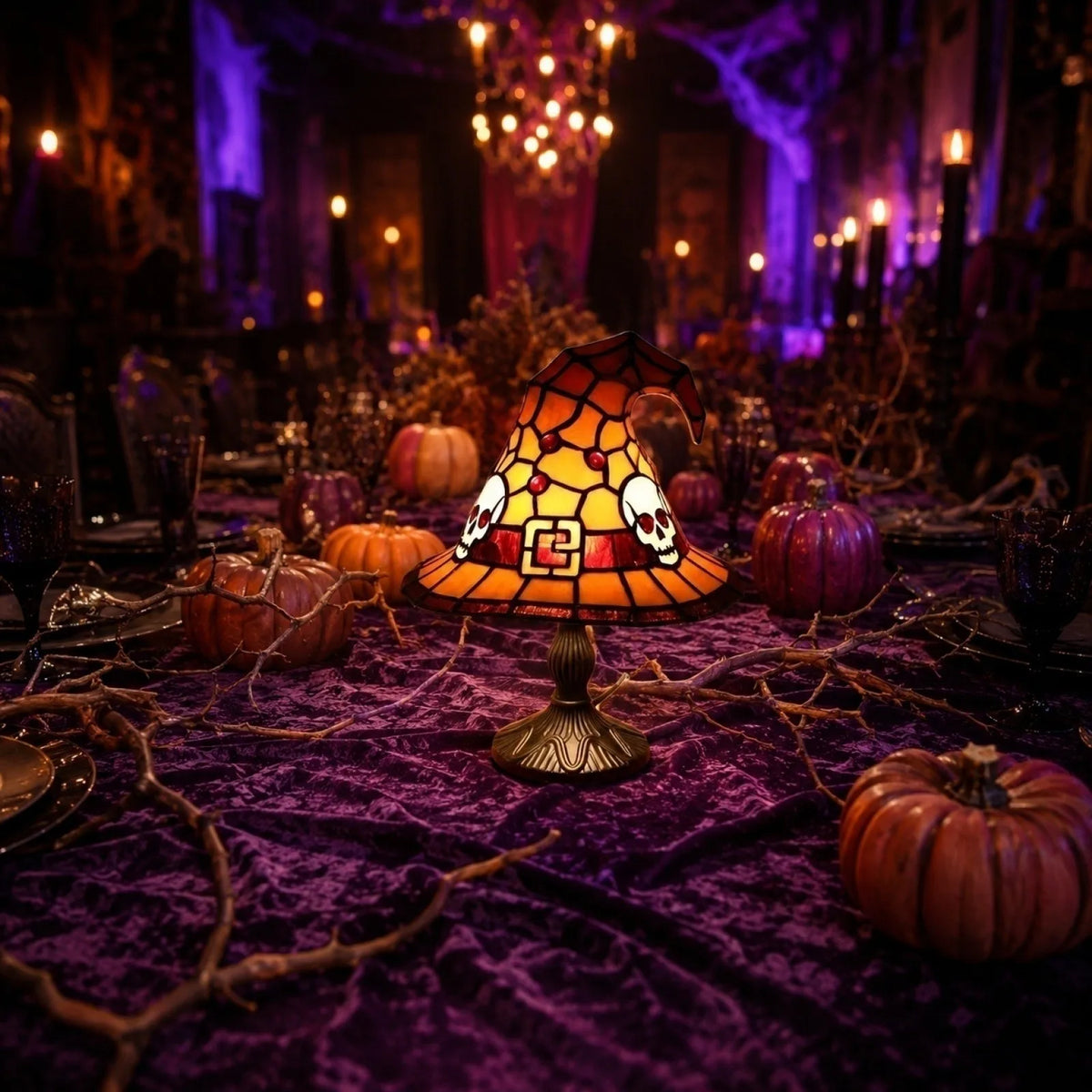 A glowing orange and yellow witch hat night light with a stained glass effect sits on a purple fabric surrounded by pumpkins 