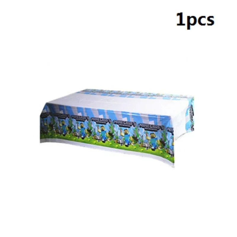 A set of Minecraft-themed party supplies including a flag pulling cake topper and tableware.