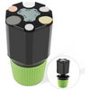 A black coin organizer with multiple compartments and a green base, showing the top view and bottom view.