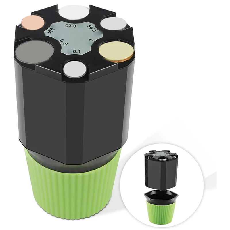 A black coin organizer with multiple compartments and a green base, showing the top view and bottom view.