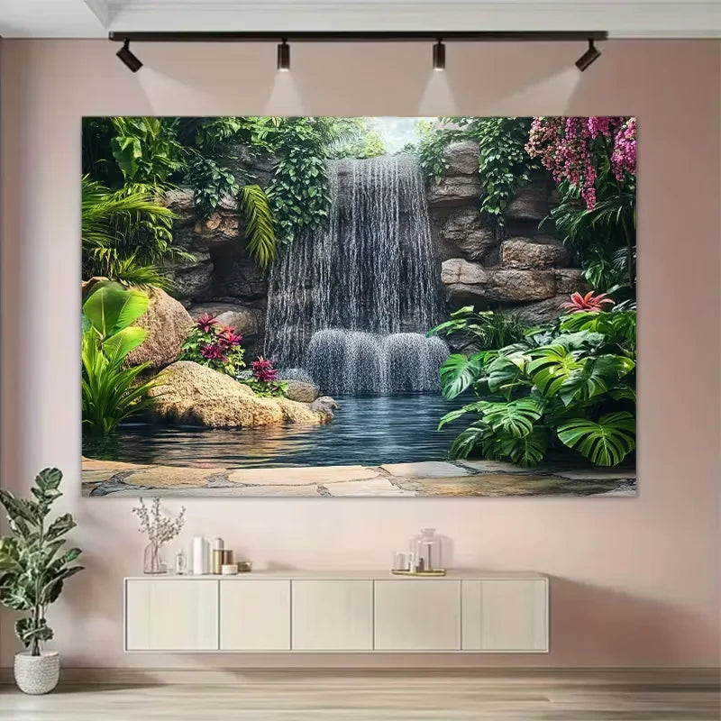 A large framed painting depicting a lush garden scene with a waterfall cascading over rocks and greenery.